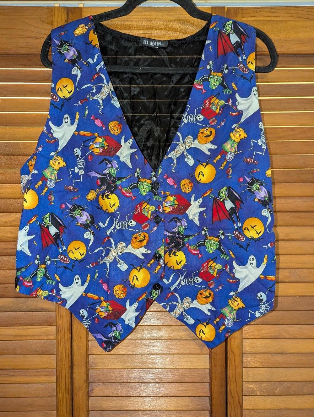 Vintage Purple/Blue Halloween Fall Tie Waist Vest Skeletons Mummies Scarecrows